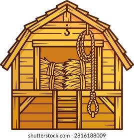 A rustic wooden hayloft illustration featuring a hanging rope, designed as a classic icon representing farm life, agriculture, and traditional barn storage structures.