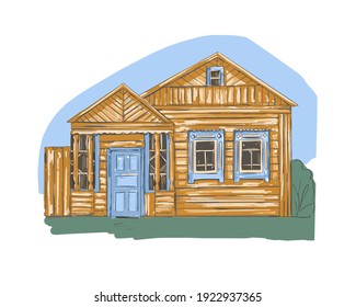Rustic wooden house against the blue sky. Vector sketch. Self made log cabin made of logs, with windows and door.