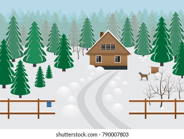Rustic wooden house in a forest area in winter .Vector illustration.