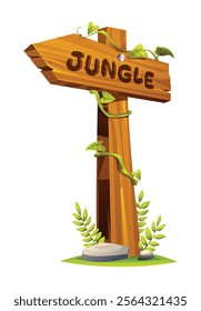 Rustic wooden jungle sign covered with vines, surrounded by lush greenery. Vector cartoon illustration