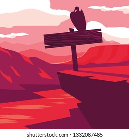 rustic wooden label in the landscape with bird