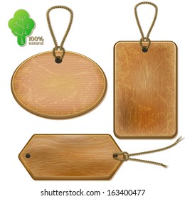 Rustic wooden labels on ropes, isolated set on white background