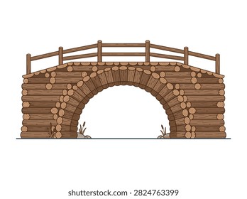 Rustic Wooden Log Arch Bridge Illustration Isolated on White Background