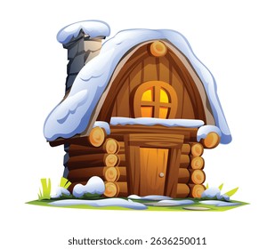 Rustikale Holzhütte mit Schnee, Steinkamin und frostiger Erde bedeckt. Vektorgrafik