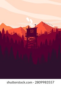 A rustic wooden lookout tower stands tall, nestled within a vast and dense forest, with smoke gently rising from its chimney, suggesting a cozy interior.