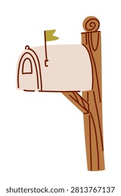 Rustic Wooden Mailbox with Raised Flag, Hand Drawn Postal Illustration Inspired by Traditional Country Mail Service and Cottage Living
