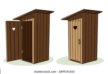 Rustic Wooden Outdoor Toilet In Cartoon Style