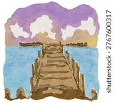 Rustic Wooden Pier over Calm Blue Sea under Twilight Sky Clipart Watercolor Illustration | Vector