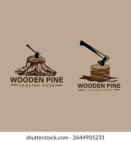 Rustic Wooden Pine Tree Stump Axe Logo Design Two Unique Concepts