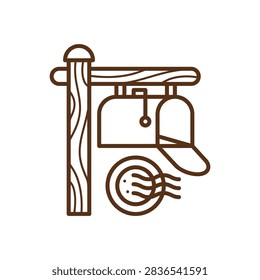 Rustic wooden post with hanging mailbox icon.