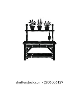 A rustic wooden potting bench silhouette carrying seedlings and tools