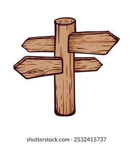 A rustic wooden road sign features four arrowed directions, symbolizing choices for travelers in an outdoor environment. The design is simple and inviting.