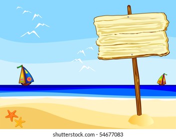 Rustic wooden sign on the beach, vector