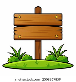 A rustic wooden sign is perched on top of a gently grassy hill