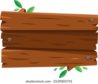 A rustic wooden signpost features three planks secured with nails, surrounded by vibrant green leaves, ideal for a nature-themed project or decoration.