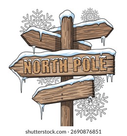A rustic wooden signpost pointing towards the North Pole, covered in snow and dripping with icicles, set against a backdrop of delicate snowflakes.