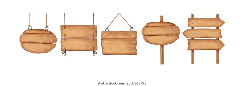 Rustic wooden signposts sharing information realistic color icons set. Old fashioned signboards mockups 3d objects on white background