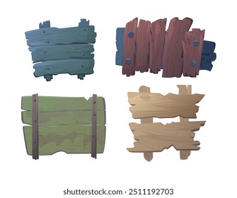 Rustic wooden signs set. Vector illustrations of four old wood signs with varied shapes and textures, including blue, brown, green, and beige planks, perfect for decoration or game design elements.