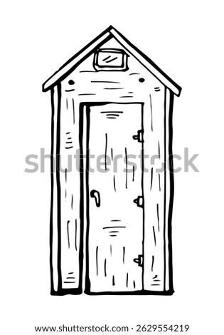 Rustic wooden small house or cabin with a door and roof vector hand-drawn.