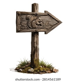 Rustic wooden squirrel arrow direction sign featuring detailed wildlife carving, weathered texture, natural forest style, isolated on white background.