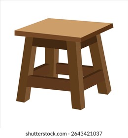 Rustic Wooden Stool Vector Illustration – Brown Small Chair, Minimalist Vintage Seat Furniture, Classic Timber Stool Design, Flat Icon for Interior Decor, Isolated on White Background

