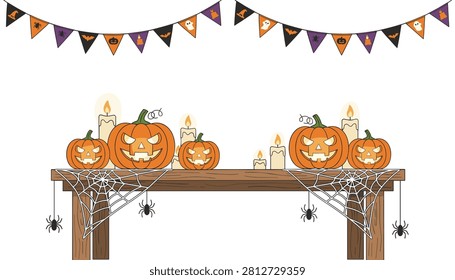 Rustic wooden table arranged with multiple carved pumpkin faces and flickering candles under a banner of hanging spider decorations.