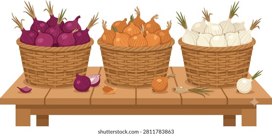 : A rustic wooden table displaying three woven baskets filled with fresh red, yellow, and white onions. This agricultural illustration is perfect for culinary, farming, and healthy organic food designs.