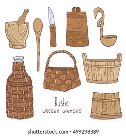 Rustic wooden utensils, colored vector images for design and illustration.