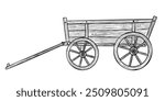 Rustic Wooden Wagon Vector Illustration. Outline Drawing of Vintage Cart for farm and harvest on isolated background. Etching of Old retro country transport with wheel for farmers. Rural vehicle.