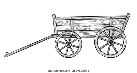 Ilustração de vetor de vagão de madeira rústica. Esquema Desenho de Carrinho Vintage para fazenda e colheita em fundo isolado. Gravura do velho transporte retro do país com roda para os agricultores. Veículo rural.