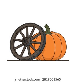 A rustic wooden wagon wheel and a fresh orange pumpkin isolated on a white background.