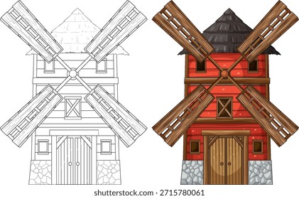 Rustic wooden windmill front view in color and line art, detailed cartoon vector style