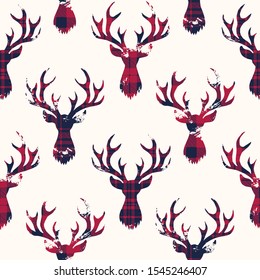 A Rustic Woodland Vector Seamless Pattern with Red and Blue Checkered Textured Silhouettes of Deer Heads on White Background. Plaid and Checks Autumn and Winter Holidays Pattern Print 