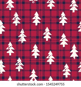 Rustic Woodland Vector Seamless Pattern With White Hand-Stamped Textured Silhouettes Of Christmas Trees On Classic Blue And Red Checkered Plaid Background.Farmhouse Style Autumn, Winter Holidays Print