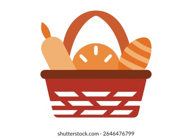 Vetor Dia Mundial da Alimentação rústico com uma cesta tecida preenchida com pães tradicionais de todo o mundo. Celebra a cultura gastronômica global com um olhar caloroso, artesanal e artesanal.