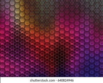 Rustic and worn metal background with large and small hexagons in vector illustration.