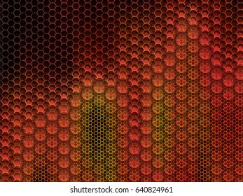 Rustic and worn metal background with large and small hexagons in vector illustration.