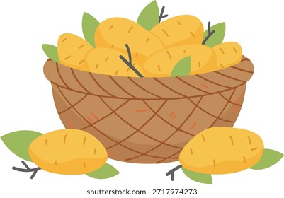 Cesta de tecido rústico preenchido com batatas amarelas e folhas verdes, perfeito para cartazes do mercado agrícola, cartões de receita, embalagem de alimentos e projetos temáticos de colheita