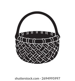 Rustic Woven Wicker Basket Silhouette Vector Illustration Flat Icon Design for Organic Farming Harvest and Eco-Friendly Shopping Clipart Template
