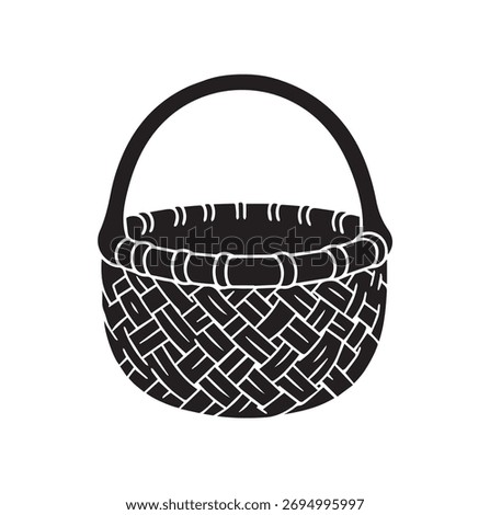 Rustic Woven Wicker Basket Silhouette Vector Illustration Flat Icon Design for Organic Farming Harvest and Eco-Friendly Shopping Clipart Template