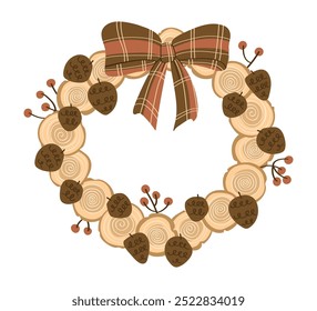 Coroa rústica com pinecones, bagas, fatias de madeira e um arco xadrez, ideal para decoração de outono ou férias.