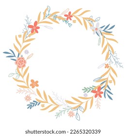 Rustic wreath for invitation, postcard, brochure, advertisement and more. Delicate floral leafy rim. Flowers, herbs and foliage in circle frame. Spring or summer botanical template, isolated vector