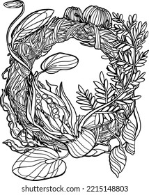 Rustic wreath of twigs and fantasy flowers and leaves. Coloring page antistress for children and adults. Vector illustration isolated on white background