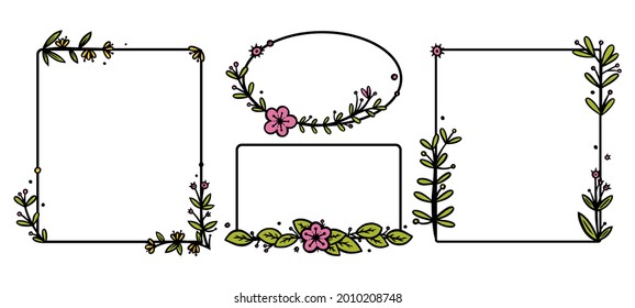 Rustic wreaths dividers with handdrawn flowers. Rectangle and circle doodle wreaths. Doodle vector illustration isolated in white background