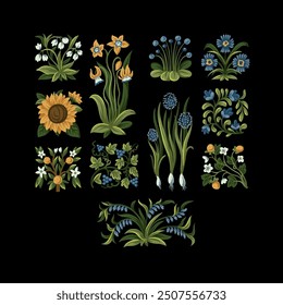 Rustic yellow and blue simple flowers. Vector