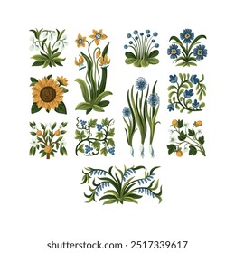 Rústicas flores simples amarelas e azuis. Vetor