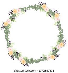 Rustic zinnia flower wreath circle frame with leaf. Floral round border with flowers and leaves. Great for wedding decoration element and greeting card ornament.