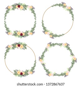 Rustic zinnia flower wreath circle frame with leaf. Floral round border with flowers and leaves. Great for wedding decoration element and greeting card ornament.