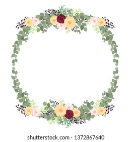 Rustic zinnia flower wreath circle frame with leaf. Floral round border with flowers and leaves. Great for wedding decoration element and greeting card ornament.