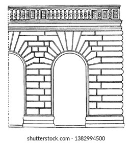 Rustication  was first treated systematically,  the architects of the Renaissance, especially in Florence, vintage line drawing or engraving illustration.
